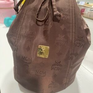 MCM Brown Drawstring Monogram Bucket Bag with Gold Plaque
